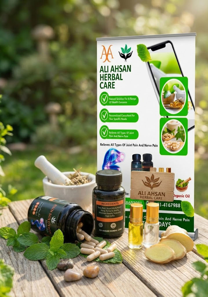 Ali Ahsan Herbal Care Pain Solution products with herbal capsules, organic oil bottles, mortar and pestle with ginger and mint on a natural wood surface