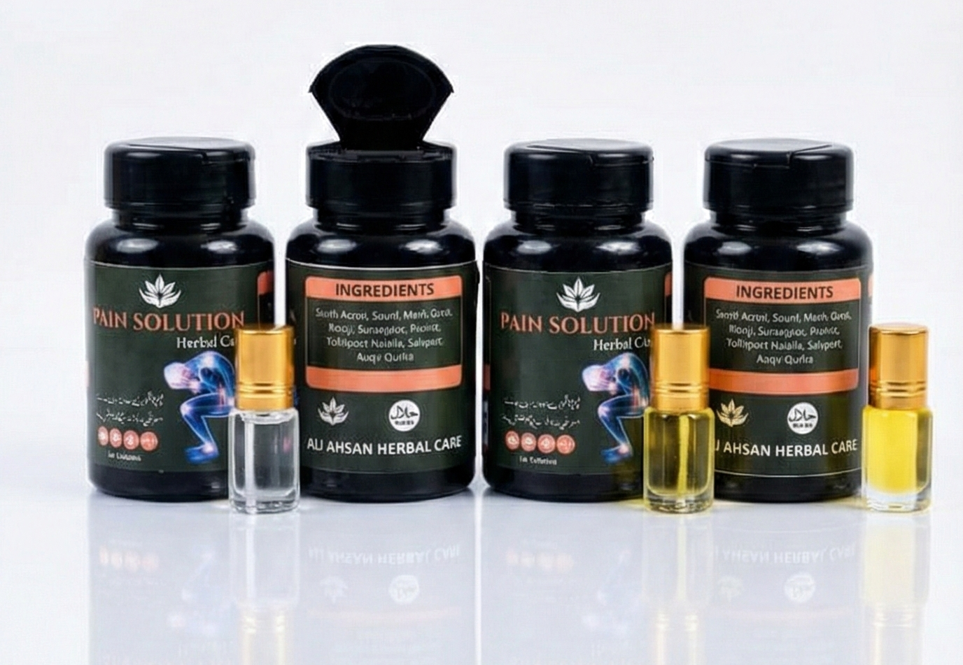 Ali Ahsan Herbal Care Pain Solution organic oil bottles and herbal capsules with natural ingredients display