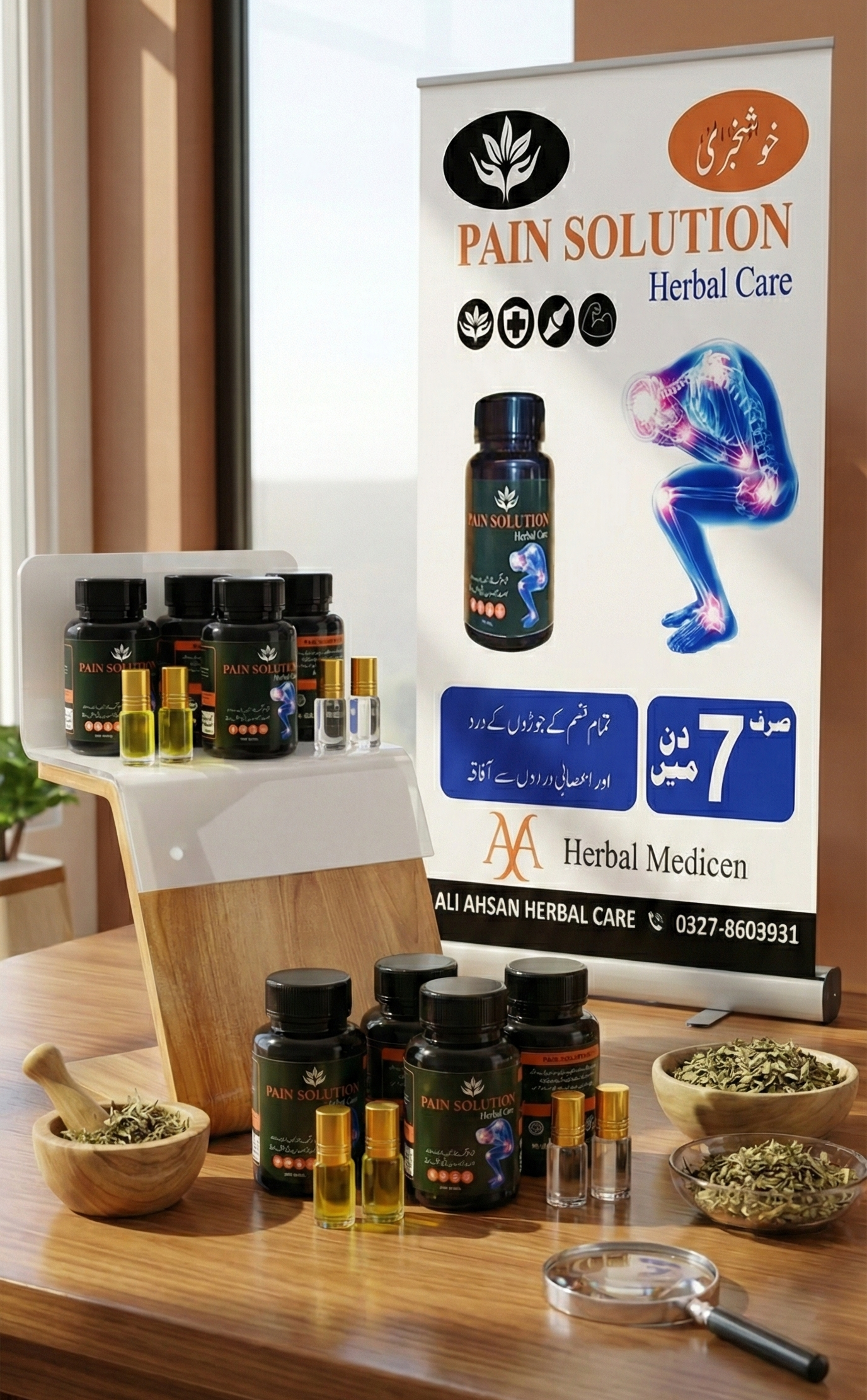Pain Solution Herbal Care product shelf display with roll-up banner