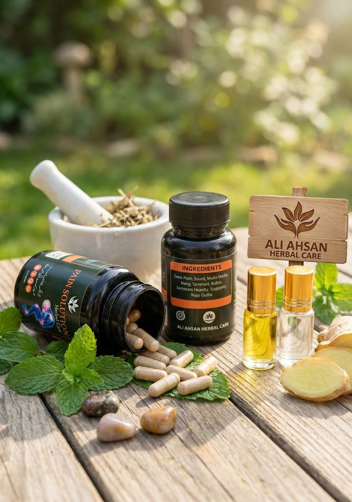 Pain Solution herbal capsules spilling from bottle on rustic table with mint leaves, ginger and mortar and pestle